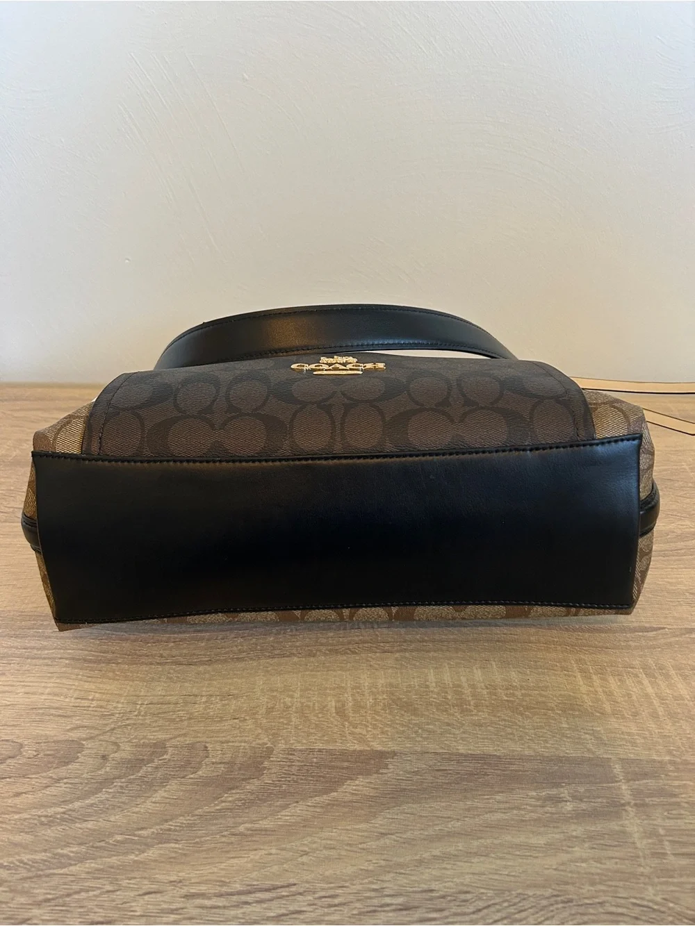 Coach Brown Signature Canvas Shoulder Bag with Black Strap and Gold Hardware